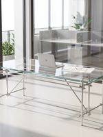Table à manger rectangulaire en verre au design Bauhaus moderne et épuré, avec support métallique et plateau transparent, ensemble de mobilier pour la maison
