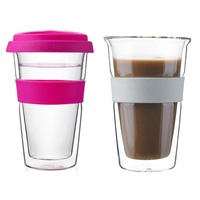 Design moderne 12oz 350ML gobelet à café en verre borosilicaté à double paroi isolé tasse de voyage réutilisable couvercle en silicone