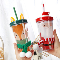 Gobelet en plastique à double paroi pour Noël avec couvercle et paille, motif Père Noël, renne, renard, et écharpe tricotée, vente en gros
