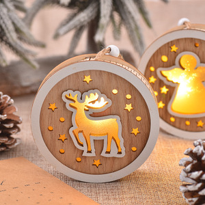 Adorno navideño redondo de madera con luz LED, reno, ángel, copo de nieve, decoración colgante para árbol - Product Image 2