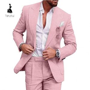 Traje de Dos Piezas YZ de Lino de un Solo Color con un Botón para Hombre, <span class=keywords><strong>Camisa</strong></span> de Manga Larga <span class=keywords><strong>y</strong></span> Pantalones Formales, Talla Grande - Product Image 3