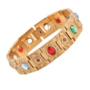 Bracciale Vintage da Uomo con Cristalli Colorati, Placcato Oro, Decorativo Inciso, Gioiello di Lusso di Nicchia alla Moda - Product Image 1
