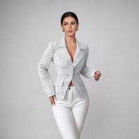 Jaket Blazer Tweed Kotak-kotak Elegan Wanita, Slim Fit, Model Tailored, Lengan Panjang, Kerah V, Kancing Tunggal, Anti-susut, Jas Kantor