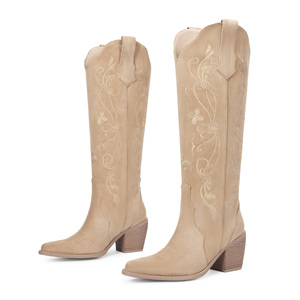 WETKISS 2026 Stivali da Donna all'Ingrosso, Stivali Western <span class=keywords><strong>con</strong></span> Tacco Basso, Punta Affusolata, Ricamo Floreale, Stivali da Cowboy Alti fino al Ginocchio - Product Image 2