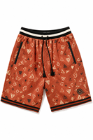 Shorts de sport en maille respirante couleur terre cuite, motif triangle rétro, poches latérales zippées, style streetwear, vente en gros