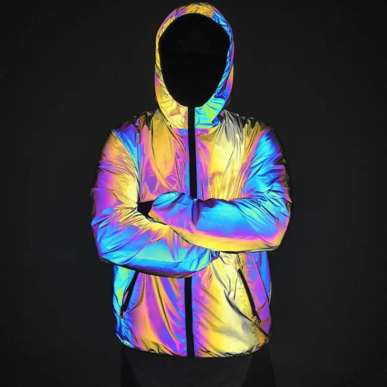 hi vision fashionable glow in dark rainbow colorful soft washable breathable custom logo hip hop black reflective jacket clothes