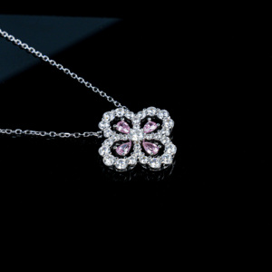Collier pendentif trèfle à quatre feuilles en argent sterling S925 avec zircone cubique rose pour femmes-V - Product Image 6
