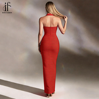 Maßgeschneidertes Rotes Neckholder-Bandage-Maxikleid für Damen Figurbetontes Abendkleid mit Goldknöpfen Formelles Ballkleid