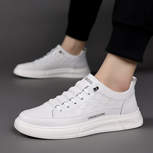 Lmabdearm Men's White <b>Leather</b> <b>Sneakers</b> Round Toe Lace-up Rubber Outsole Anti Slip Summer Casual Shoes - Product Image 2