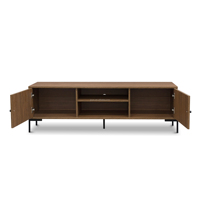 Meuble TV moderne 3-en-1 en panneaux de bois cannelés, style plat, avec gestion des câbles intégrée, directement de l'usine