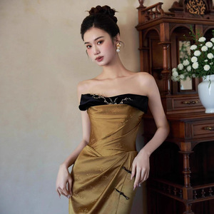 Women's Strapless Retro Toasting Dress Natural Waist Embroidered Vintage Coming Of Age Ceremony Wedding Dress - Product Image 4