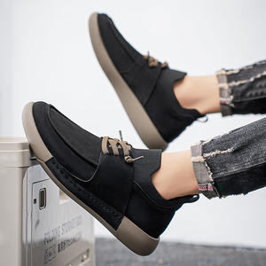 Mocassins noirs antidérapants à bout rond pour hommes, chaussures de travail plates, montantes, respirantes, en toile, confortables, décontractées, avec lanières - Product Image 1