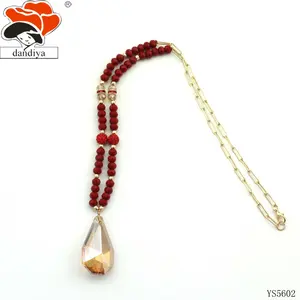 Big drop IRIDESCENT CRYSTAL pendant with A MIXED beads BEADED GOLD LINKED CHAIN NECKLACE red grey custom color