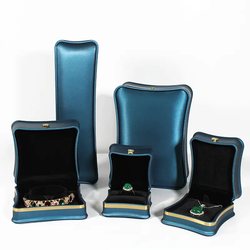 Rts brincos de couro pu coroa de metal azul, atacado, brincos, caixa de joias, anel colar, caixas de joias com logotipo
