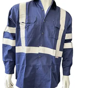 Factory Price 100% Cotton 190gsm Long Sleeve Shirts Lightweight Preshrunk Safety Clothing Unisex Navy Blue Taped Men Work Shirts