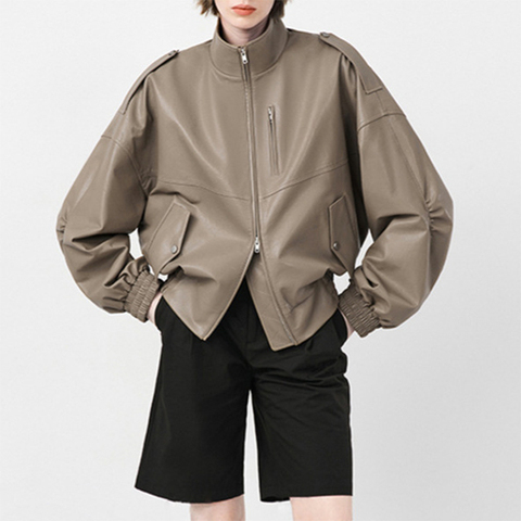 5226 New Autumn Winter Sheepskin American Retro Stand up Collar Zipper High Street Motorcycle Jacket