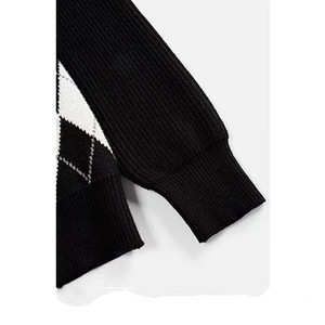 Women's V-Neck Diamond Pattern <b>Cardigan</b> Black Cotton Knitted Sweater Preppy Style Loose Fit <b>Spring</b> 2023 - Product Image 4
