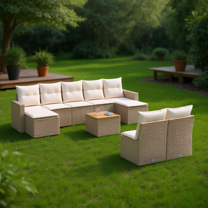 Conjunto de Sofá de Ratán Beige para Exteriores con Cojines de Espuma de Alta Densidad, Muebles de Jardín Contemporáneos, Mimbre de PE Resistente a los Rayos UV - Product Image 2
