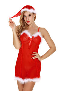 Träger loses Kleid mit Spitzen besatz im europäischen und amerikanischen Stil und zweiteiligem Set Semi-Sheer Sensual Christmas Night gown für Frauen - Product Image 2
