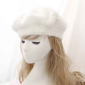 Vente en gros d'usine OEM en stock bérets français en laine de couleur unie bonnet avec perles - Product Image 3