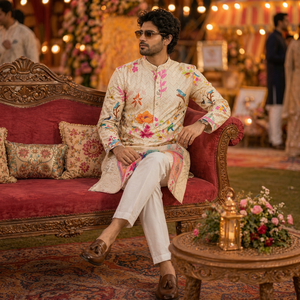 Creaciones NiMa, Kurta de Algodón con Estampado Floral para Hombre, Corte Regular, Ropa Tradicional India y Pakistaní para Bodas, Modelo con Pantalones Blancos - Product Image 1