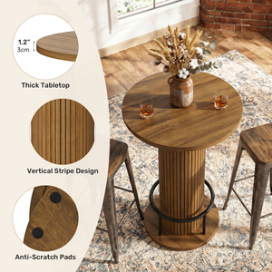 Modern Fluted Column Round <b>Bar</b> <b>Table</b> Thick Round Tabletop Counter Height Pub <b>Table</b> with Built-in Footrest for Cafe & Bistro - Product Image 3
