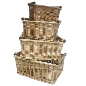 Atacado Handmade Retangular Natural Wicker Craft Willow Picnic Armazenamento Rattan Cestas com Mesa De Madeira Refrigerador