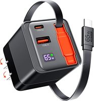 Chargeur mural USB-C rétractable 65W 70W PD PPS à charge rapide avec câble Type-C de 80 cm et protection OTP GaN pour ordinateur portable et mobile