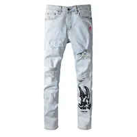 Neueste Design Herbst New Bestickte Slim Ripped Sky Blue Plus Size Casual Jeans Herren hose