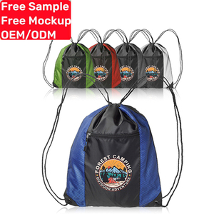 Custom Logo Polyester Drawstring Backpack With Zipper Pocket Lightweight for Gym Fitness School Travel Hiking and Outdoor Sports