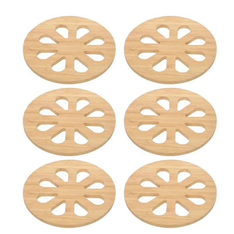 Simple Round Hollow 6 PCS Set Heat Resistant Wood Table Placemats for Kitchen Hot Pots Cup Dishes