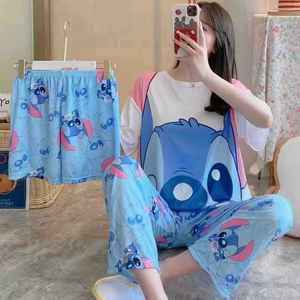 <b>Women's</b> Pajamas Three-piece Sleepwear Set Summer Thin Short-sleeved Shorts and <b>Trousers</b> Lady Cartoon Printed Cardigan Nightwear - Product Image 3