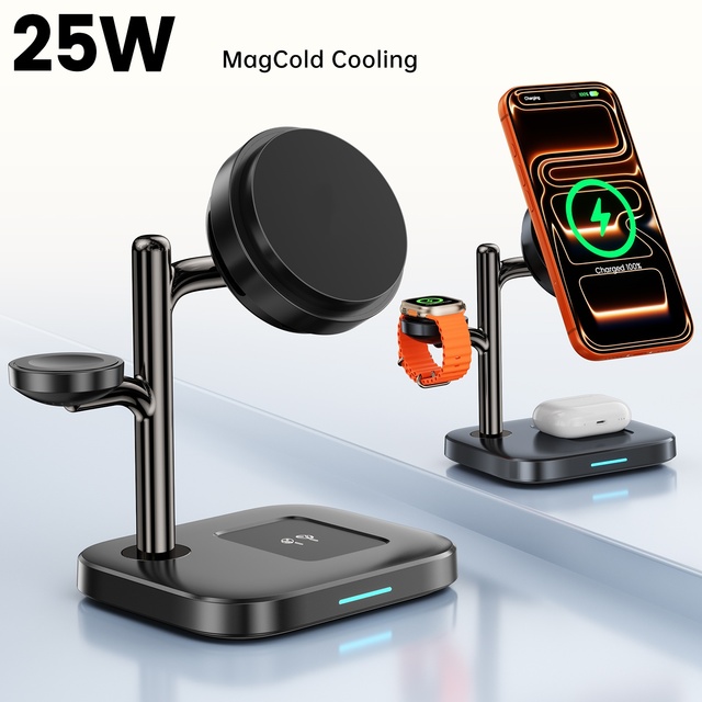 25W Fast Wireless Charge Stand 3-in-1 Magnetic Night Light Desktop Charging Station for Earphone and Smart Watch