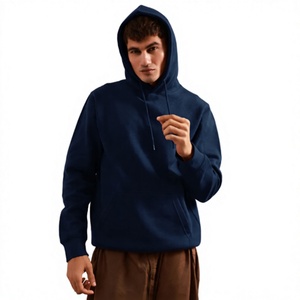 Wholesale <b>Men's</b> Classic <b>Navy</b> Blue <b>Fleece</b> Hoodie Custom Drawstring Pullover Casual Solid Color Hooded Sweatshirt - Product Image 1