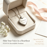 Collier enregistreur vocal AI en forme de cœur avec microphone et lecture via application, formats MP3, bijou portable, historique de navigation