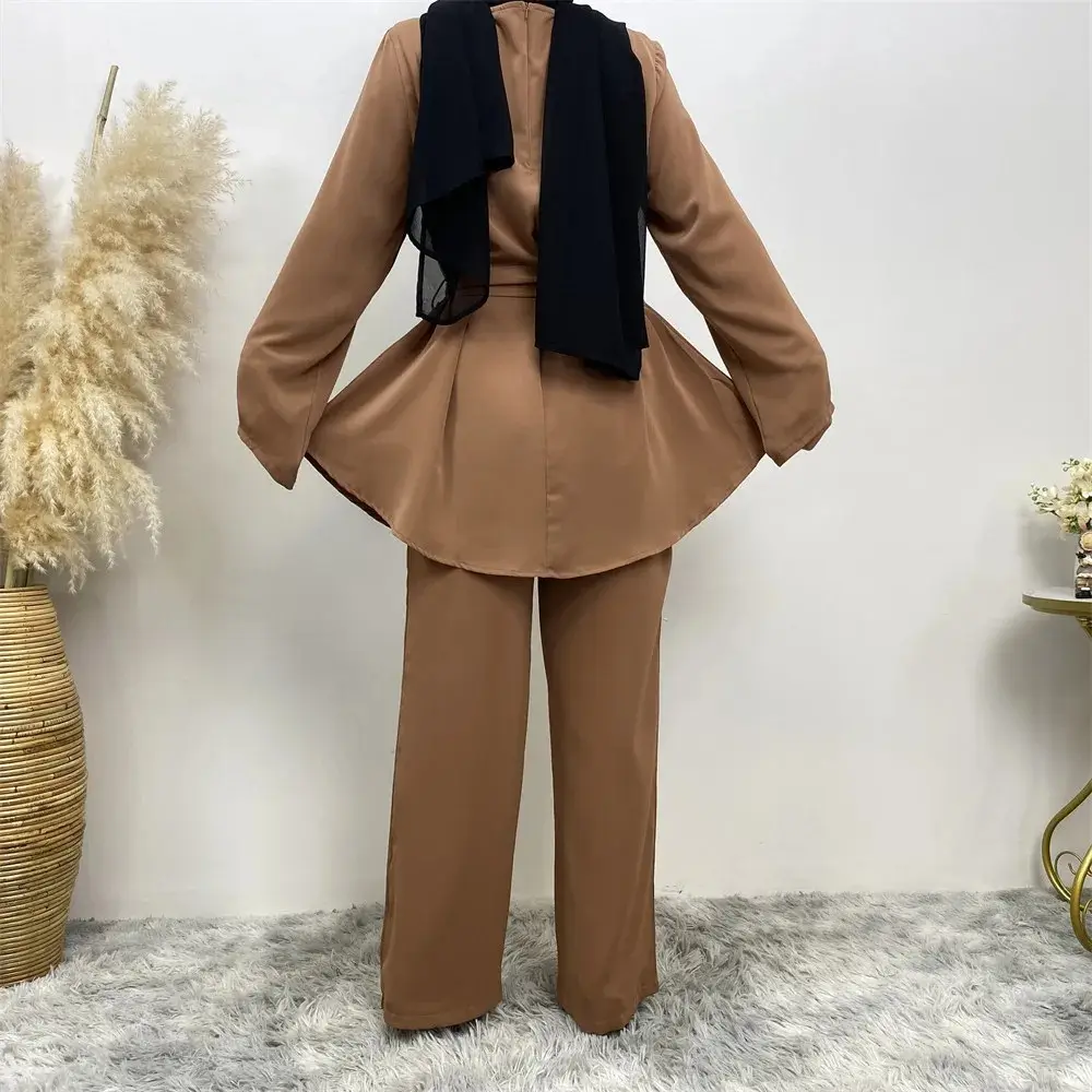 OEM Customized Muslim fashion women's clothing fashion simple atmosphere set Islamic wide leg pants Muslim lace-up suit