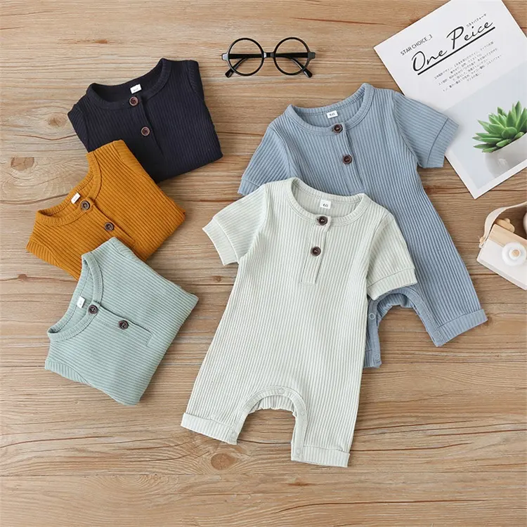 Summer Babies Soft Cotton Solid Color Front Button Short Sleeve One piece Baby Boys Girls Ribbed rompers Jumpsuit