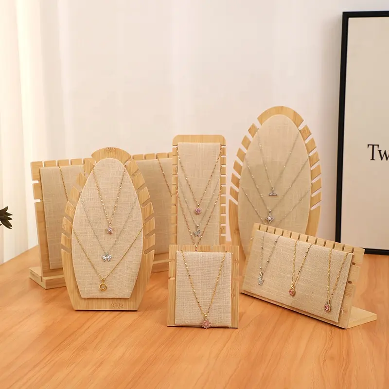 Custom Eco-friendly Beige Cotton Bamboo Wooden Tray Jewelry necklace bracelet ring Display Set Stand for Packaging   Display