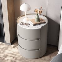 Moderner Luxus-Nachttisch aus Holz mit Marmoroptik in Weiß, Beige und Grau, 3 Schubladen, Leder, schwebendes Schlafzimmermöbel, elegantes Design