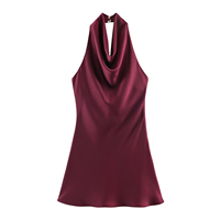 Robe mini en satin pour femme 2026, col licou drapé avec nœud au dos, pour la vente en gros, collections été, fêtes, vacances et stations balnéaires