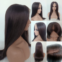 Cokelat Alami Kelas 12A Terbaik # Wig Rambut Asli Cina 2 Warna Natural Lurus Panjang Double Drawn Silk Top Lace Front Tanpa Lem Mix