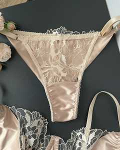 OEM ODM Beige Crocheted Lace Bow Ruffles Sexy Lingerie Set Classy Bra Panty Set Light Control Thin Birthday Gift Girlfriend <strong>Wife</strong> - Product Image 3