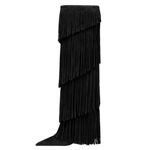 Big Size 46 Women High Slim Heels <b>Long</b> Booties Layers Tassels Suede Knee High Boots Pointed Toe Wide Fit Shoes - Product Image 6