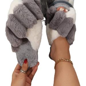 Chaussons personnalisés pour femmes, doux et moelleux, à bout ouvert, avec brides croisées, color block, tendance hiver, antidérapants - Product Image 6