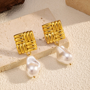 Boucles d'oreilles carrées en acier inoxydable plaqué or à la mode bijoux de mode boucles d'oreilles pendantes en perles pour femmes <span class=keywords><strong>E491</strong></span> - Product Image 4