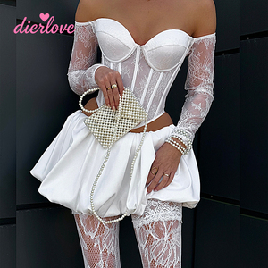 Dierlove <span class=keywords><strong>Ensemble</strong></span> élégant blanc haut de gamme <span class=keywords><strong>pour</strong></span> femme : Corset <span class=keywords><strong>bustier</strong></span>, manches en dentelle détachables <span class=keywords><strong>et</strong></span> <span class=keywords><strong>jupe</strong></span> bouffante en satin <span class=keywords><strong>pour</strong></span> un style urbain - Product Image 1