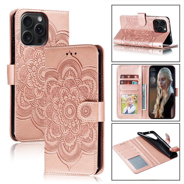 Fashion PU Leather Mandala Phone Case for iPhone 16 Pro Max 17 Air Flip Folio PU Leather Card Holder Wallet Phone Cover