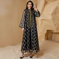 Ensemble Abaya Musulmane Luxe Personnalisé Gris Noir Élégant 2026 Dubaï, Tissu Transparent, Détail Broderie Or Uni, Robe Longue Modeste Hiver