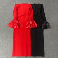 Nouvelle Robe de Soirée Formelle Rouge Unie à Manches Longues Bouffantes et Épaules Dénudées avec Bandages pour Femme 2026