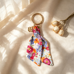 Floral Print Silk Scarf Keychain with Zinc Alloy Gold <b>Ring</b> and Flower Charm, Elegant Fashion Accessory for <b>Bag</b> or <b>Keys</b> - Product Image 5